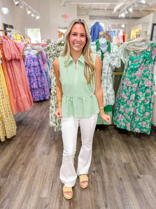Green Weekend Favorite Gingham Half Zip Peplum Top