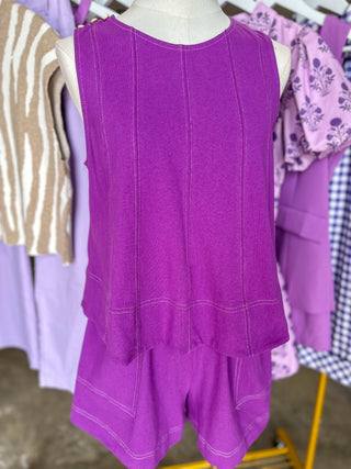 Purple Winning Wonder Contrast Stitch Sleeveless Shorts Set