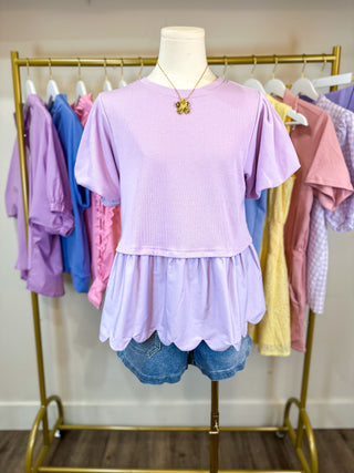 Lavender Girly Essential Scalloped Knit Ribbed Top