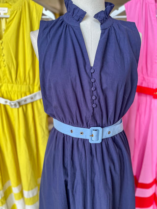 Navy Coastal Elegance Belted Midi Dress