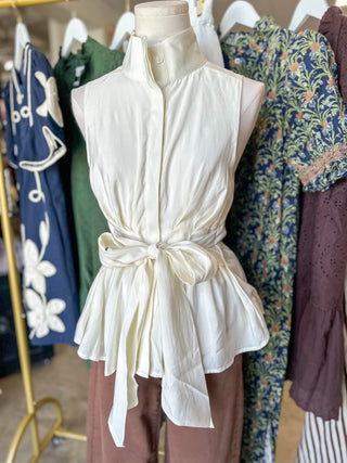 Cream Tailored to Simplicity Tie Waist Sleeveless Top