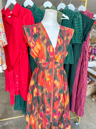 Rust Bold Botanicals Zip Midi Dress