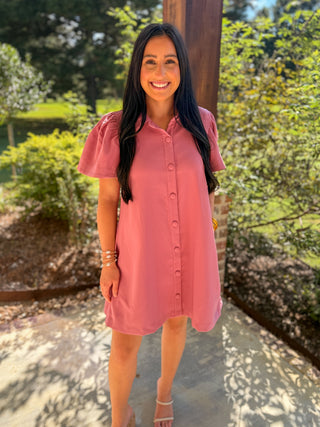Mauve Charm Button Down Collared Mini Dress