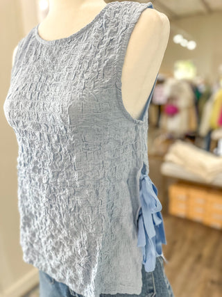 Sky Blue Bubble Textile Sweet Bow Sleeveless Top