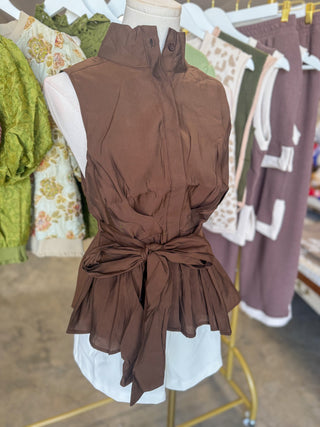 Brown Tailored to Simplicity Tie Waist Sleeveless Top