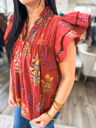 Brick Whimsy Blooms Button-Up Top