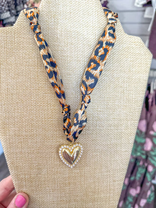 Cheetah Print Knotted Scarf Necklace W/ Pearl & Gold Heart Charm