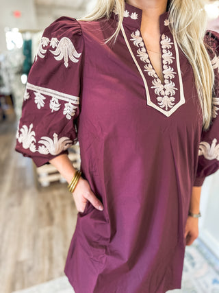 The Burgundy Ever After Embroidered Mini Dress