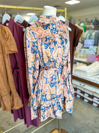 Teal & Blush Paisley Promises Belted Longsleeve Mini Dress