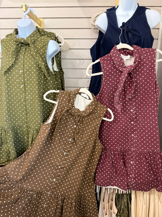 Burgundy Polished Polka Dots Tie Neck Mini Dress