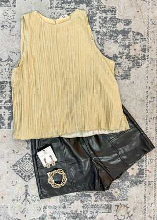 Welcome to New York Gold Sleeveless Pleated Shimmer Top