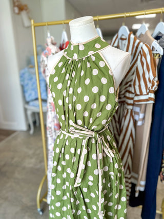 Olive Dotted Darling Halter Neck Belted Maxi Dress