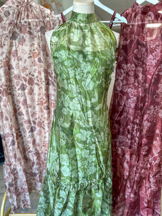 Green Painted Garden Mock Neck Maxi Dress