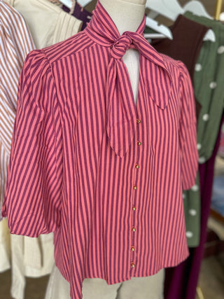 Wine Striped Magnolia Bow Button Down Blouse
