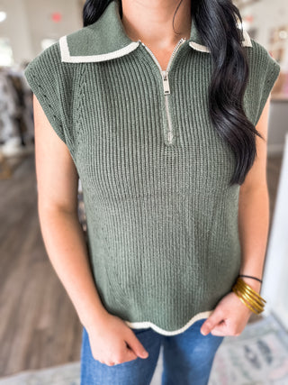 Olive Zip It & Go Sleeveless Sweater