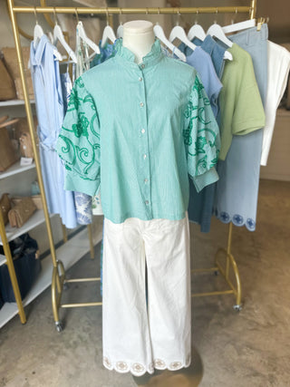 Green Fresh Bloom Embroidered Blouse