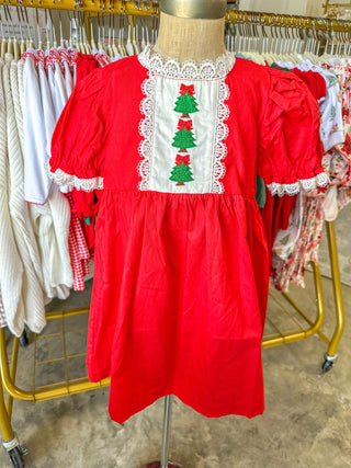 Red Christmas Girls Dress: Beautiful Embroidery W/ Lace Trim