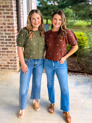 Cocoa & Baby Blue Polka Dot Scalloped Trim Sweater