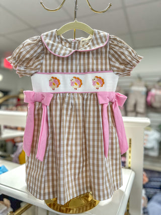 Fall Thanksgiving Lapel Plaid Chick Embroidery Smocking Bow Dress