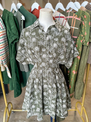 Olive Whimsy Wildflowers Embroidered Pleated Mini Dress