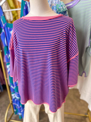 Pink/Royal Blue Casual Cravings Striped Oversized Knit Top