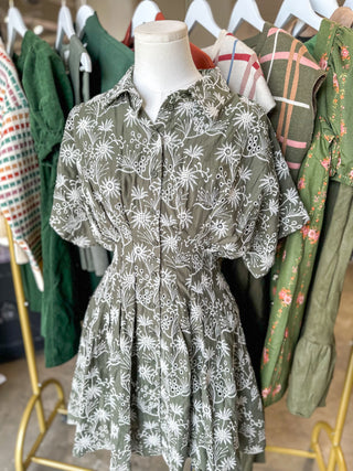 Olive Whimsy Wildflowers Embroidered Pleated Mini Dress