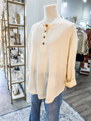 Cream 3/4 Tab Sleeve Henley Knit Top