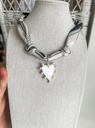 Grey & White Knotted Scarf W/ Pearlized Heart Charm Necklace