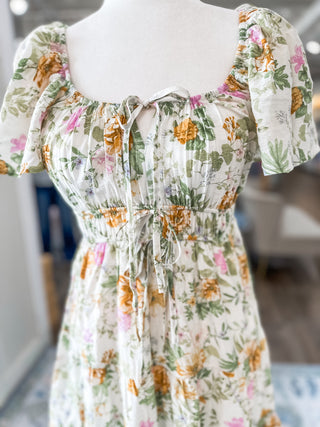 Ivory Floral Splash Front Tie Scoop Neck Mini Dress