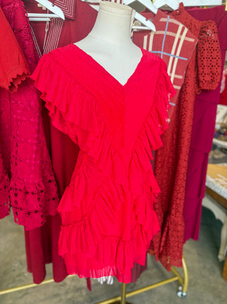 Red Serenade Ruffle V-Neck Cutout Mini Dress