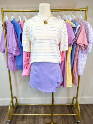 Pastel Stripe Pointelle Short Sleeve Top