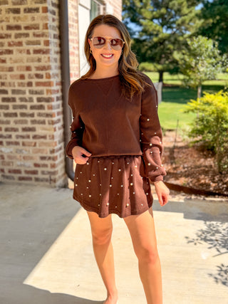 Brown Pearl Charm Long Sleeve Top & Skort Set