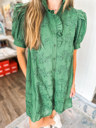 Forest Green Adorned in Ivy Vine Applique Button-down Dress