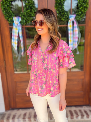 Pink Citrus Spritz Short Ruffled Sleeve Top