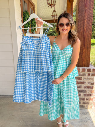 Mint Green Gingham Midi Skirt Set