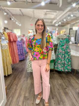 Retro Colorful Floral Gathered Top