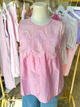 Baby Pink Contrast Mesh Detail Short Sleeve Top