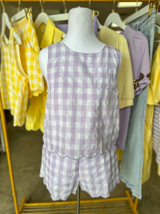 Lavendar & White Sissy's Gingham Scallop Hem Sleeveless Shorts Set