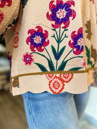 Tan Tapestry Florals Long Sleeve Top