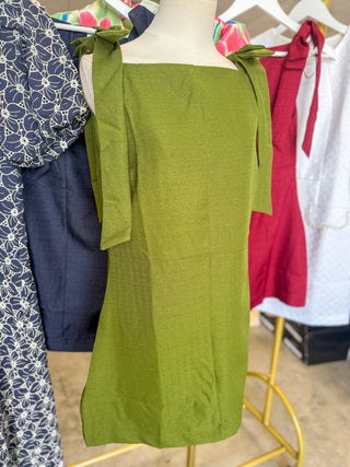 Olive Poised & Polished Straight Neckline Bow Ties Mini Dress