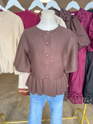 The Brown Hadley Peplum Short Sleeve Cardigan