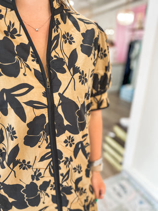 Camel Botanical Beauty Contrast Trim Dress