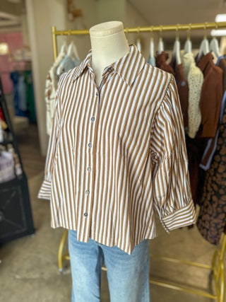 Camel Harvest House Striped Button Down Top