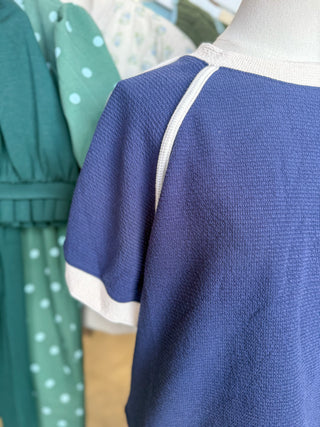Mia Navy/Cream Cloudy Knit Rounded S/S Top & Pants Set