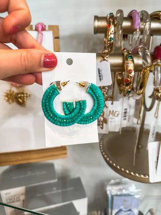 Green Bead Wrapped Hoop Earrings
