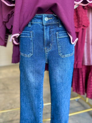 Harper Patch Pocket Dark Wash High Rise Ankle Flare Denim Jeans