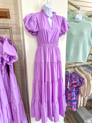 Lavender Puff Sleeve V-Neck Maxi Dress