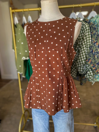 Brown Prescott Polka Dot Peplum Top