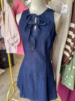 Dark Denim Darling Tie Neck Flare Mini Dress