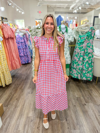 Red & Blue Riley Gingham Maxi Dress